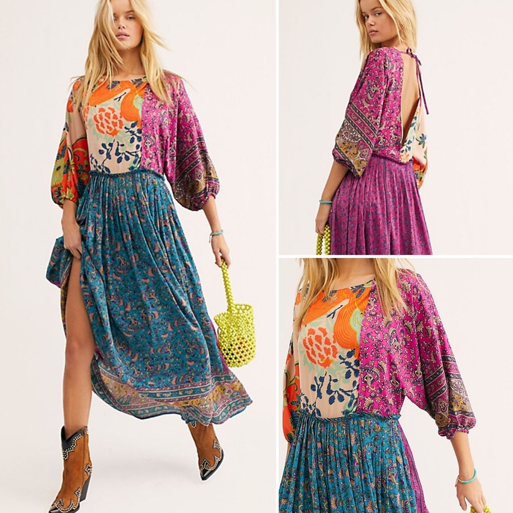 NWOT Free People Multi-Pattern Boho Maxi Dress, XS